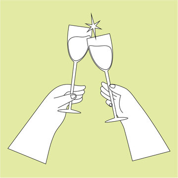 Two hands toasting with Champagne Glasses. Flat Line vector Illustration.