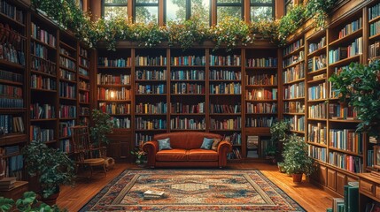 Cozy library, bookshelves, leather couch, plants.