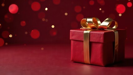 dark red gift box with golden bow, empty background on left, red background