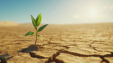 Plants that sprout alone in cracked deserts, hope and resilience to extreme weather, vast dry land under the sky, climate change, the forces of nature in environmental challenges.