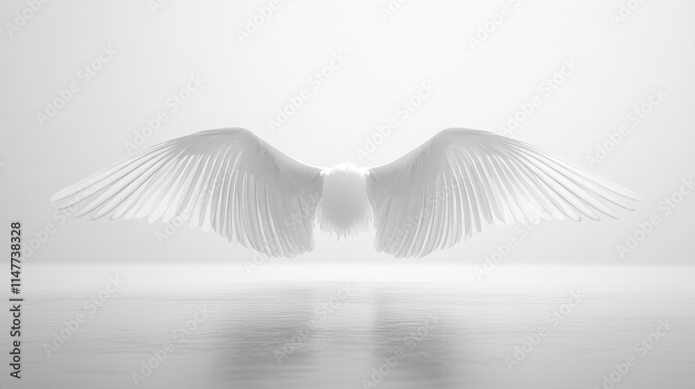 Poster Ethereal white wings create a serene atmosphere over a tranquil water surface with soft reflections. Generative AI