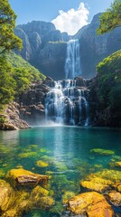 A serene waterfall cascading into a clear pool, surrounded by lush greenery and mountains.