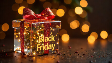 Transparent glass Christmas gift with glass bow, golden glowing text &ldquo;Black Friday&rdquo;, festive golden bokeh background 