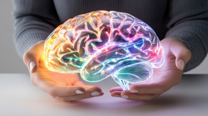 close up of hands gently holding glowing, colorful brain model, symbolizing creativity and intelligence. vibrant colors illuminate scene, creating captivating visual