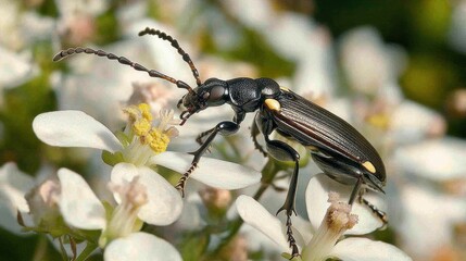 Black Beetle on White Flower Close Up