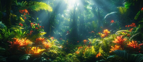 Obraz premium Lush tropical jungle with colorful flowers and sunlight.