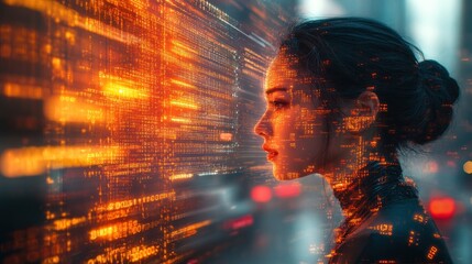 Woman's profile superimposed on a cityscape at night, with glowing digital data streams.