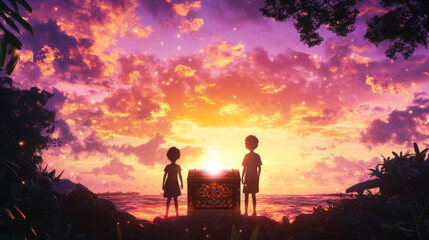 Fototapeta premium Silhouettes of boy and girl standing in awe before glowing treasure chest at sunset, surrounded by vibrant colors and nature beauty