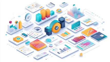 Illustration. A pastel-colored digital marketing system, visually representing efficiency and effectiveness, featuring simple icons like graphs and checkmarks, interconnected in a streamlined design