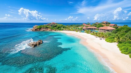 Aerial view of a luxury resort on a pristine beach with turquoise water.