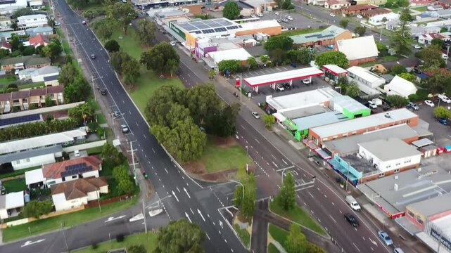 Pacific highway A43 passing Swansea town in Australia -aerial fly over 4k.
