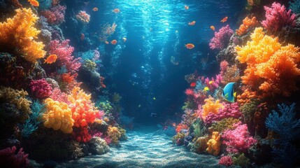 Fototapeta premium Vibrant coral reef, colorful fish, underwater scene.