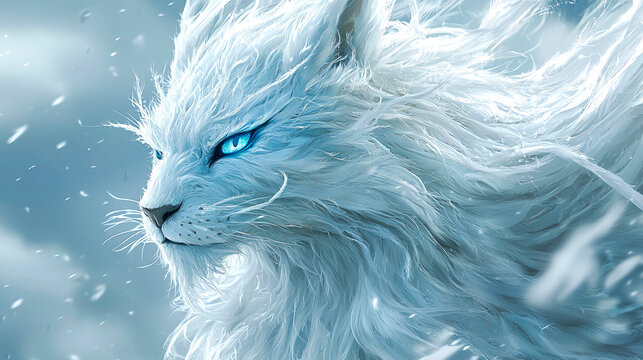 Majestic white mythical creature with piercing blue eyes in snowy blizzard.