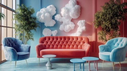 a vibrant and modern interior design scene. It showcases a living space with a playful color palette, including pastel pinks, blues, and red. there is a bright red sofa with a textured fabric