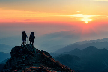Fototapeta premium Hikers with backpacks enjoying sunset scenery generative ai image