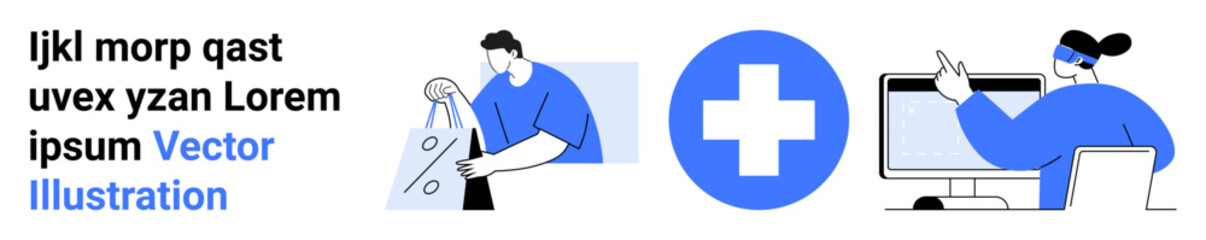 Obraz premium Medical team discussing surgery plans and consulting patient online, with a prominent medical cross symbol. Ideal for healthcare, telemedicine, surgery, medical consultation, hospital care, remote