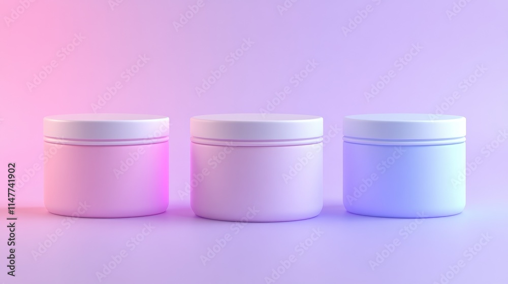 Poster a stylish set of three minimalistic cream jars in pink, lavender, and blue, neatly arranged on a sof