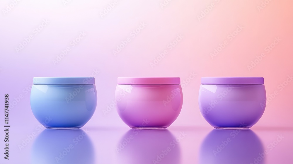 Poster a stylish set of three minimalistic cream jars in pink, lavender, and blue, neatly arranged on a sof