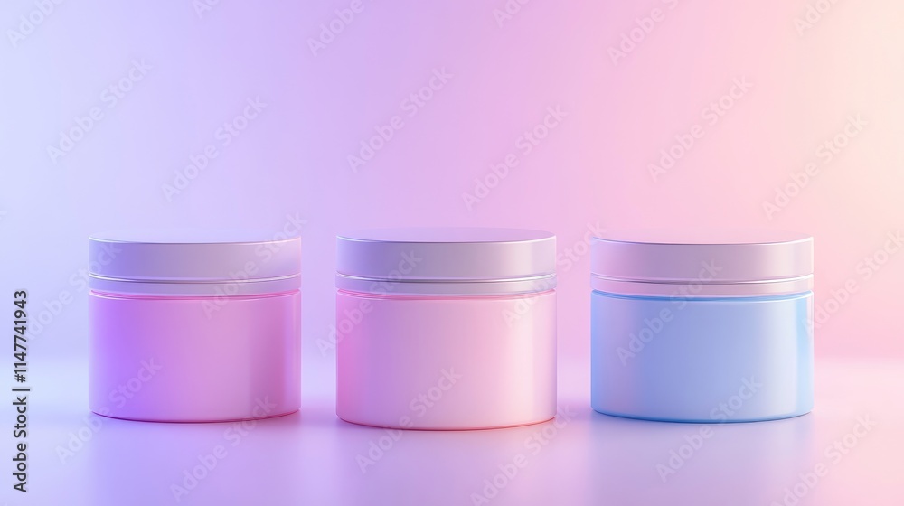 Poster a stylish set of three minimalistic cream jars in pink, lavender, and blue, neatly arranged on a sof