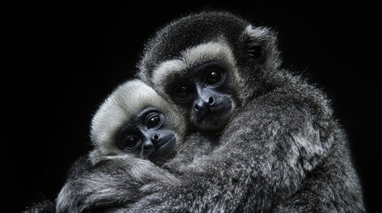 Fototapeta premium Two Silver Gibbon Monkeys Embracing Tenderly