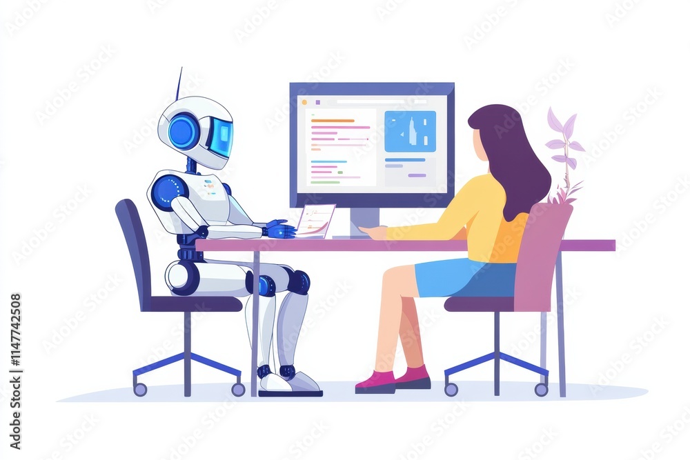 Poster Collaboration between human and robot at a desk on a project with digital tools and clear workspace. Generative AI