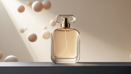 Elegantly Minimalist, A Golden Perfume Bottle Mock Up Displayed Against a Luminous Bokeh Background, Exuding Sophistication and Luxury