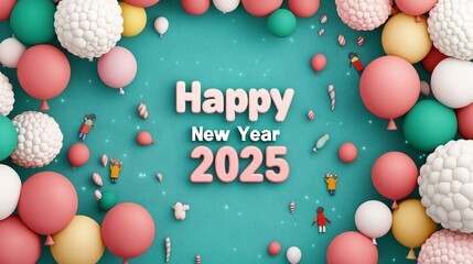 New year celebration 2025 festive atmosphere graphic design colorful decorations whimsical viewpoint