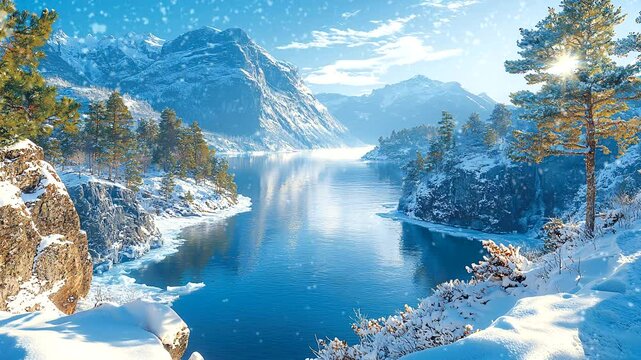 Frozen lake surrounded by snowy mountains and pine trees under a clear blue sky. Seamless looping 4k video background
