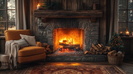 Cozy cabin, fireplace burning, armchair, Christmas tree.