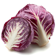 Obraz premium Radicchio halved and whole head, vibrant red and white leaves.
