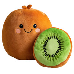 Vibrant plush kiwi fruit toy with surprised expression, transparent PNG for children's toys or home decor