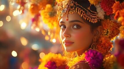 A vibrant festival scene featuring a young woman in bright attire, complete with fresh flowers and shimmering gold accents, exuding festive energy.