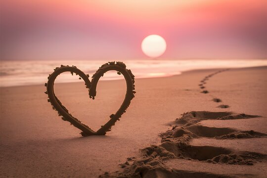 Sunset Beach Love Heart Shape Sand Romantic Footprints Ocean - Powered by Adobe