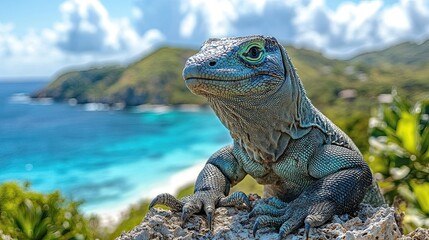Fototapeta premium Close-up of a blue iguana on a rock overlooking a tropical beach.