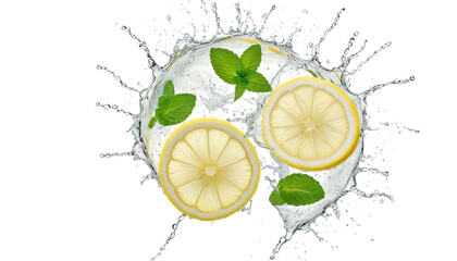 PNG of Fresh lemon slices with mint leaves splashing in clear water on transparent background.