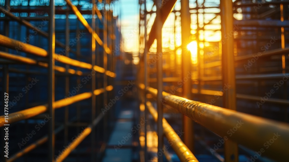 Poster a view of metallic rods and scaffolding in an industrial scene, with the warm glow of dusk in the ba