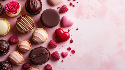 Elegant Assortment of Chocolates, Macarons, and Hearts on Pink Background