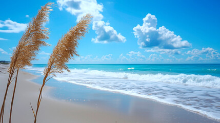 Serene beach scene with sea oats swaying gently in the breeze.