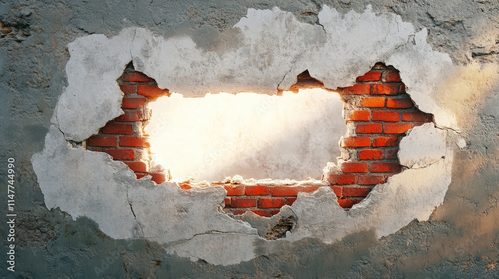Poster a white glowing hole breaks through a cracked concrete wall, revealing red bricks underneath, creati
