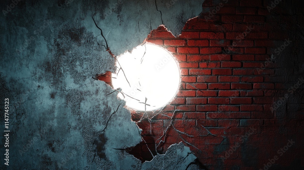 Poster a white glowing hole breaks through a cracked concrete wall, revealing red bricks underneath, creati