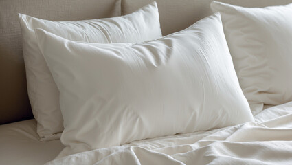 Obraz premium Soft Layers of Neutral Bedding with a Crisp White Pillow in a Relaxing and Peaceful Atmosphere of a Home Bedroom Setting