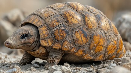 Close-up of a tortoise on the ground.  Tortoise with a patterned shell, walking on a rocky surface.