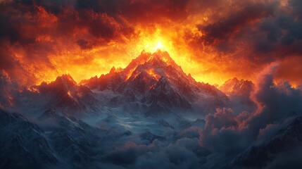 Fiery mountain peak, volcanic eruption, cloudy sky.