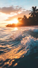 Golden Sunset Over Ocean Waves Tropical Beach Scene