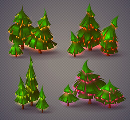 Set of funny cartoon Christmas trees with bright glowing garlands in the form of cones on a transparent background. Vector illustration EPS10 
