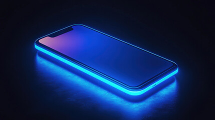 A smartphone with a glowing screen in a dark room, soft blue light illuminating the surface, sleek and futuristic design, minimalist
