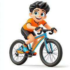 A cheerful cartoon boy rides a blue and orange bicycle, showcasing his enthusiasm for biking and outdoor activities.