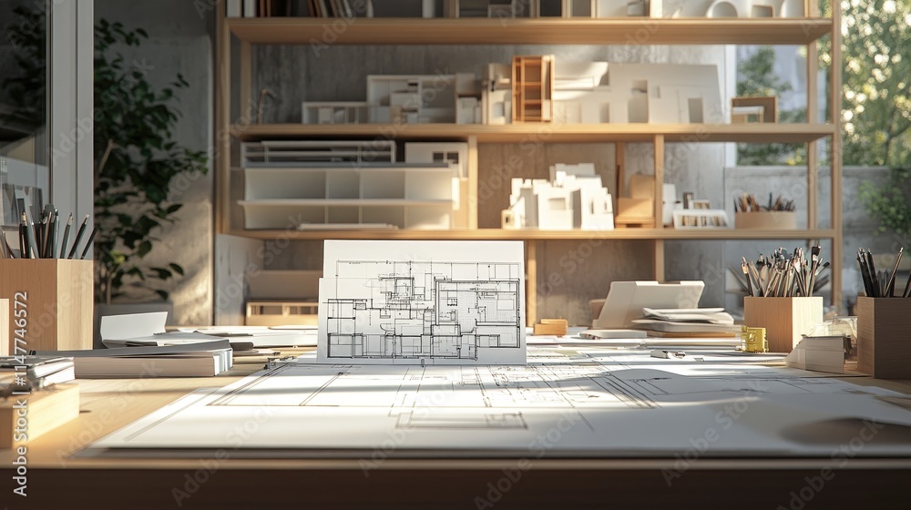 Poster An architect studio featuring blueprints, 3D renderings, and architectural models, surrounded by design tools and creativity.