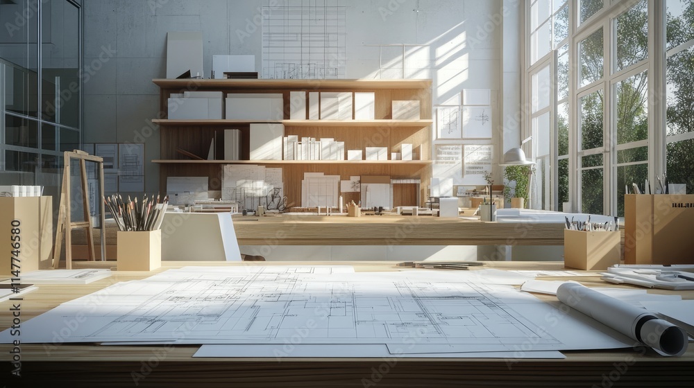 Poster An architect studio featuring blueprints, 3D renderings, and architectural models, surrounded by design tools and creativity.