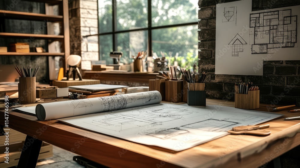 Poster An architect studio featuring blueprints, 3D renderings, and architectural models, surrounded by design tools and creativity.
